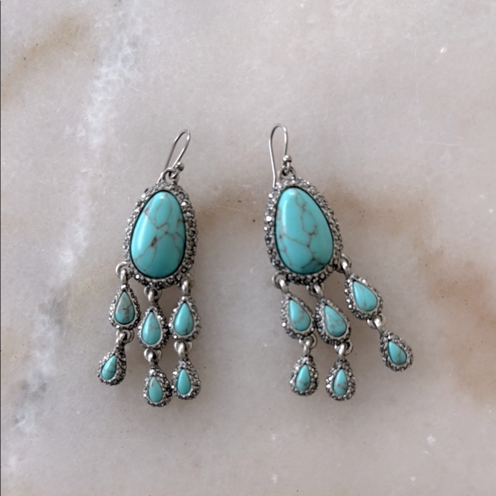Lucky Brand Turquoise Crystals Rhinestone Earrings Silver Dangle Earrings - Picture 4 of 17